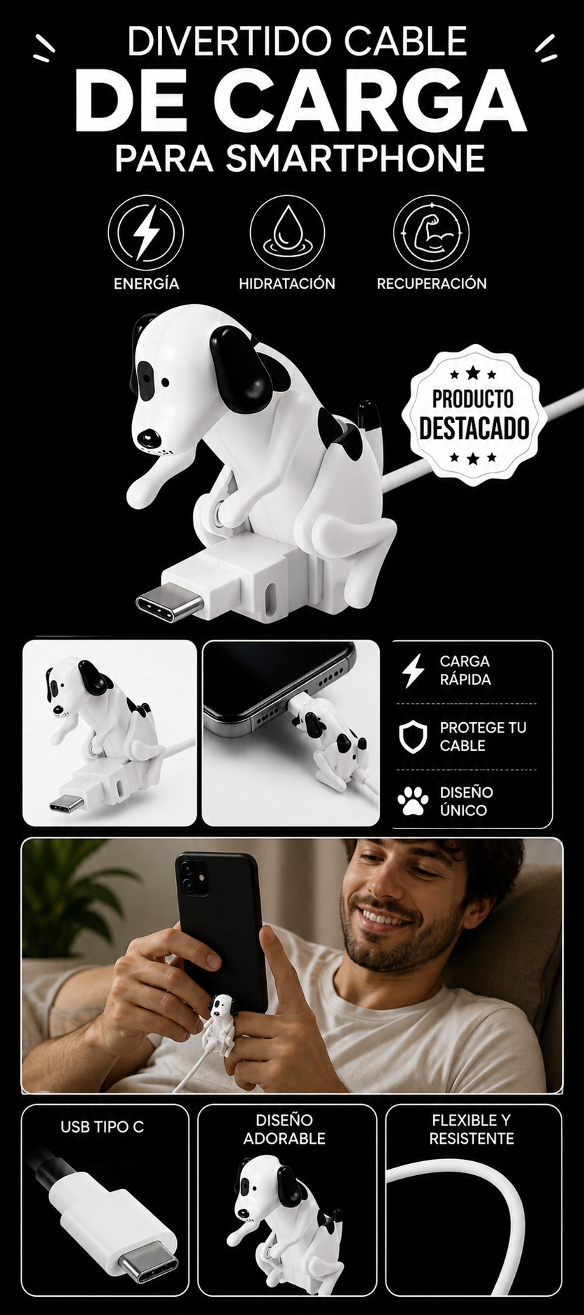 Divertido Cable de carga para smartphone en forma de perro