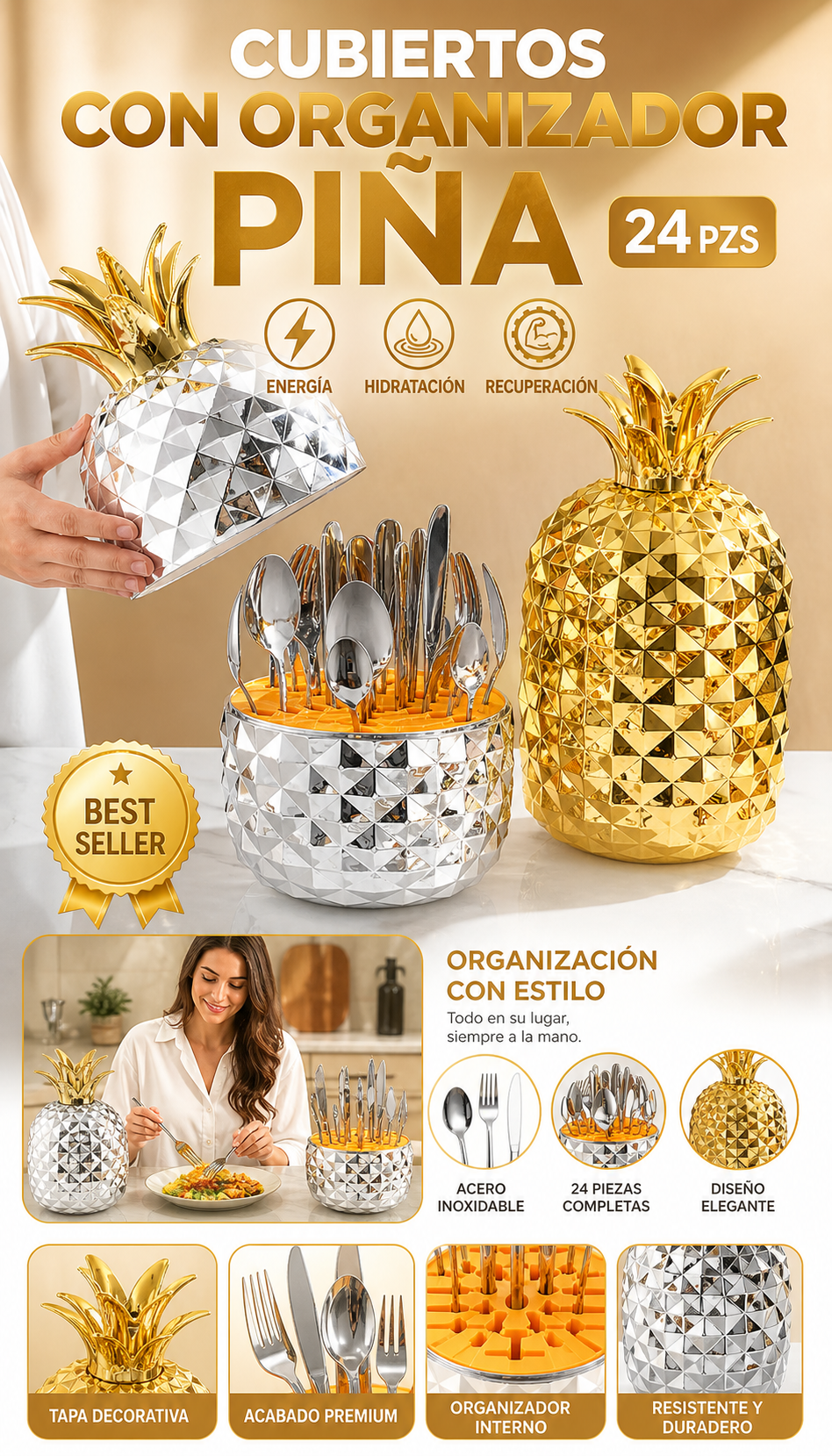 Cubiertos Con Organizador Piña 24 Pzs