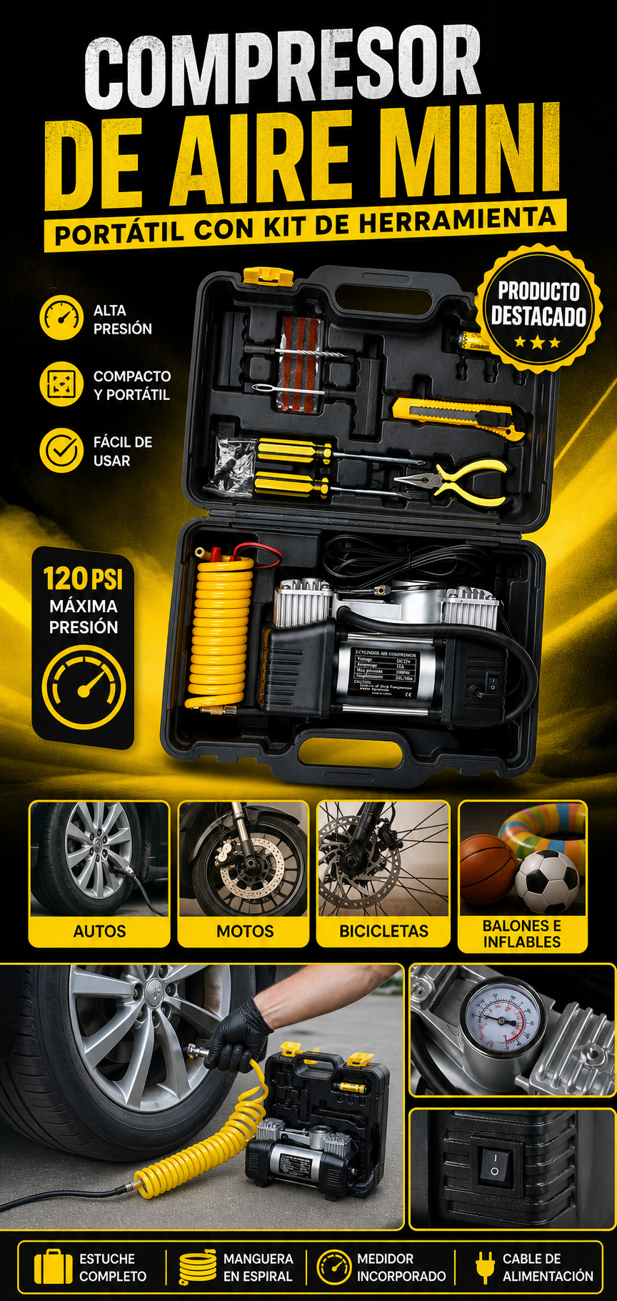 Compresor De Aire Mini Portátil Con Kit De Herramienta