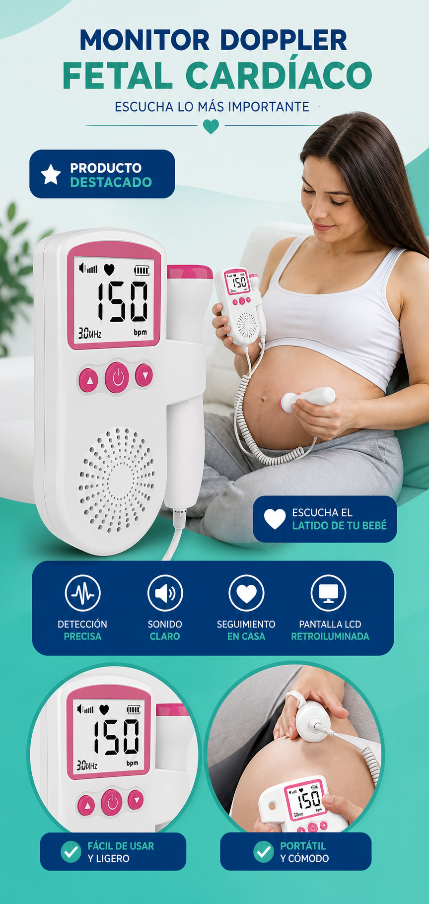 Monitor Frecuencia Doppler Fetal Cardíaco bebés