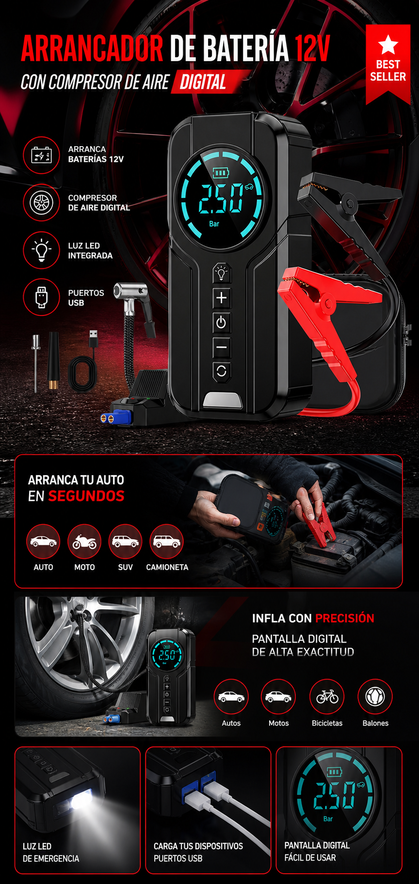Arrancador De Batería 12v Con Compresor De Aire Digital