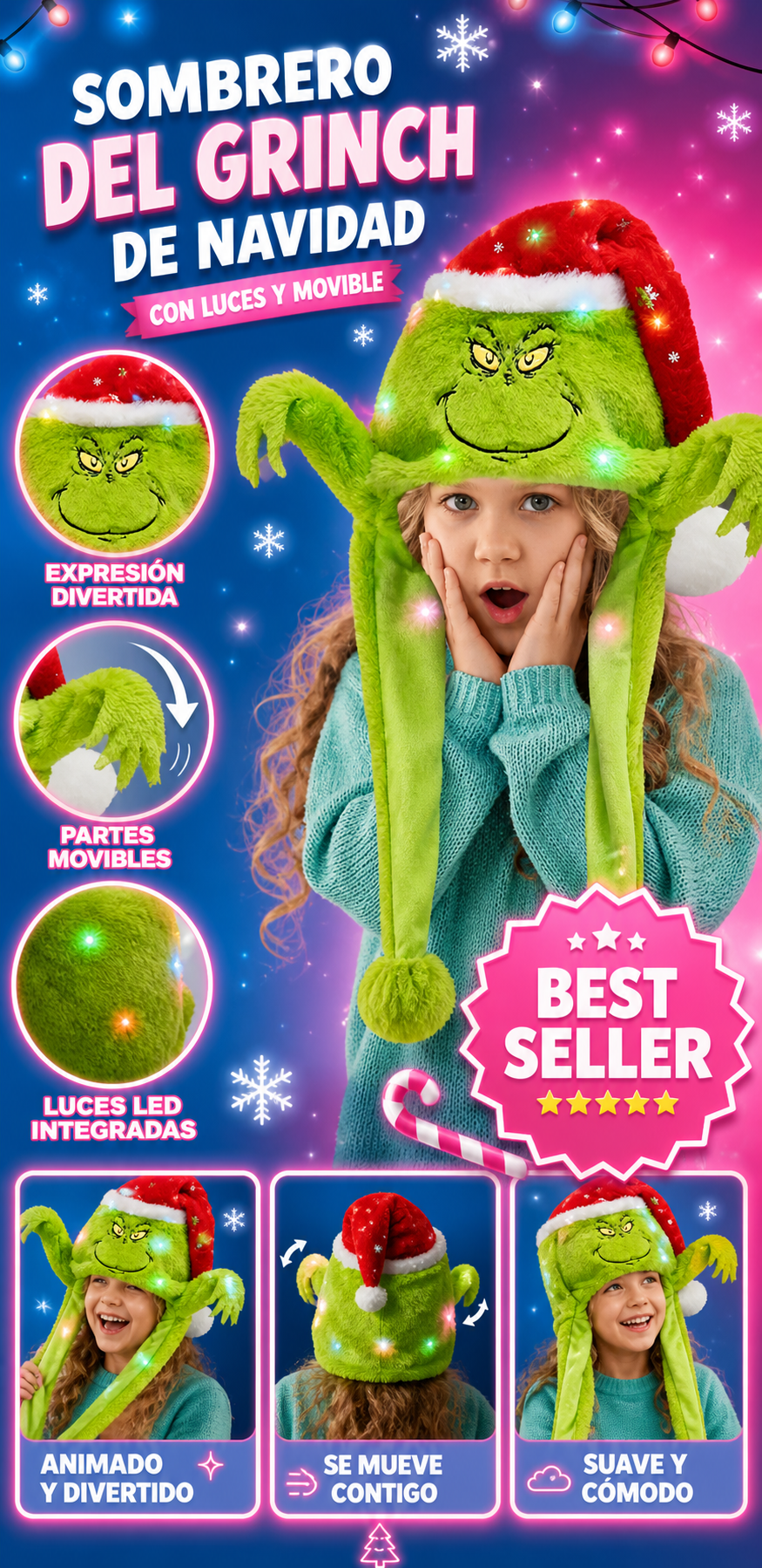 Gorro De Peluche Del Grinch De Navidad con luces y movible
