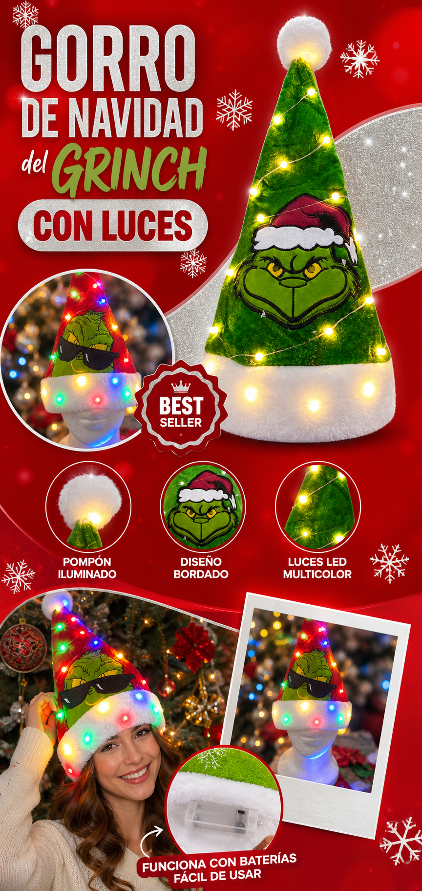 Gorro de Navidad del Grinch con luces