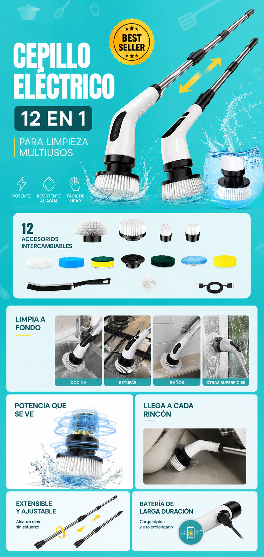 Cepillo Eléctrico 12 En 1 Para Limpieza Multiusos