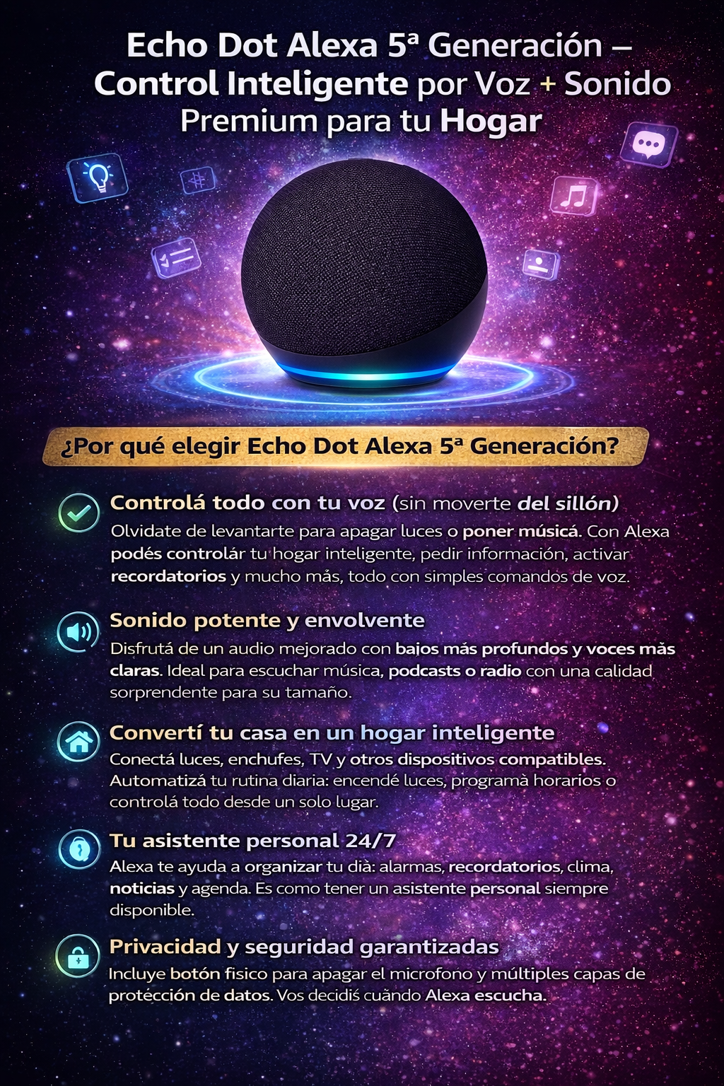 Echo Dot Alexa 5ª Generación – Control Inteligente por Voz + Sonido Premium para tu Hogar