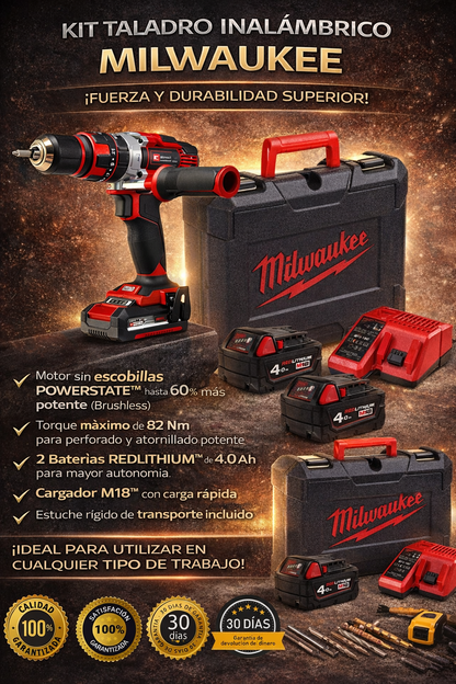 Maletín Taladro Perctutor a Batería Milwoukee | 2 Baterias y cargador incluidos