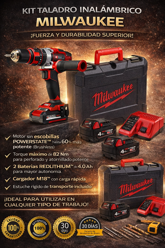 Maletín Taladro Perctutor a Batería Milwoukee | 2 Baterias y cargador incluidos