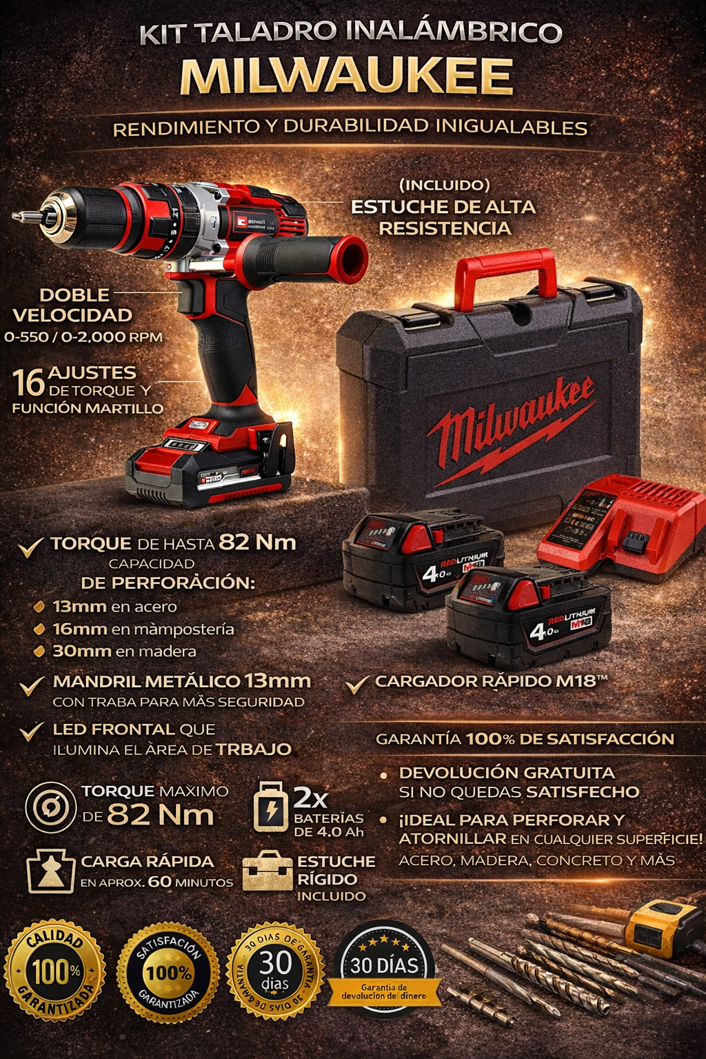 Maletín Taladro Perctutor a Batería Milwoukee | 2 Baterias y cargador incluidos