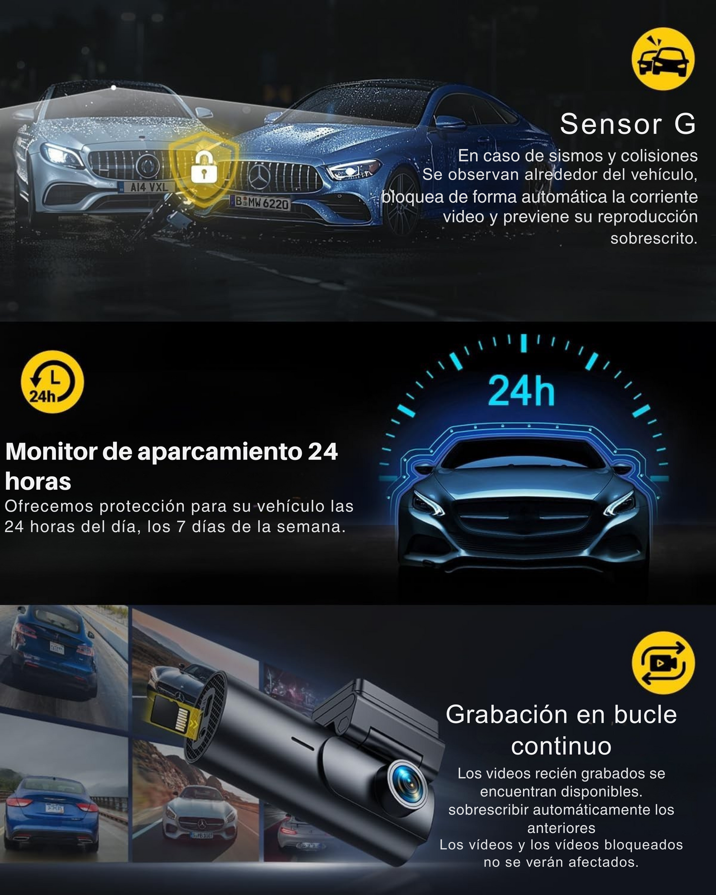 Cámara Coche de Vigilancia |  3 Cámaras en 1 | Delantera | Trasera | 360ª