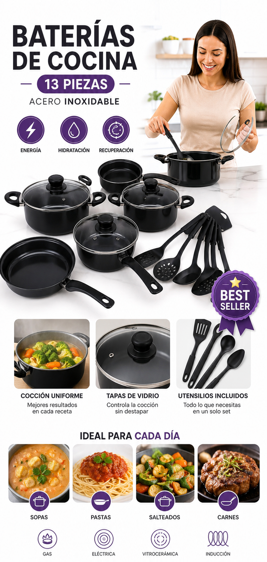 Baterías de Cocina 13 piezas negro acero inoxidable