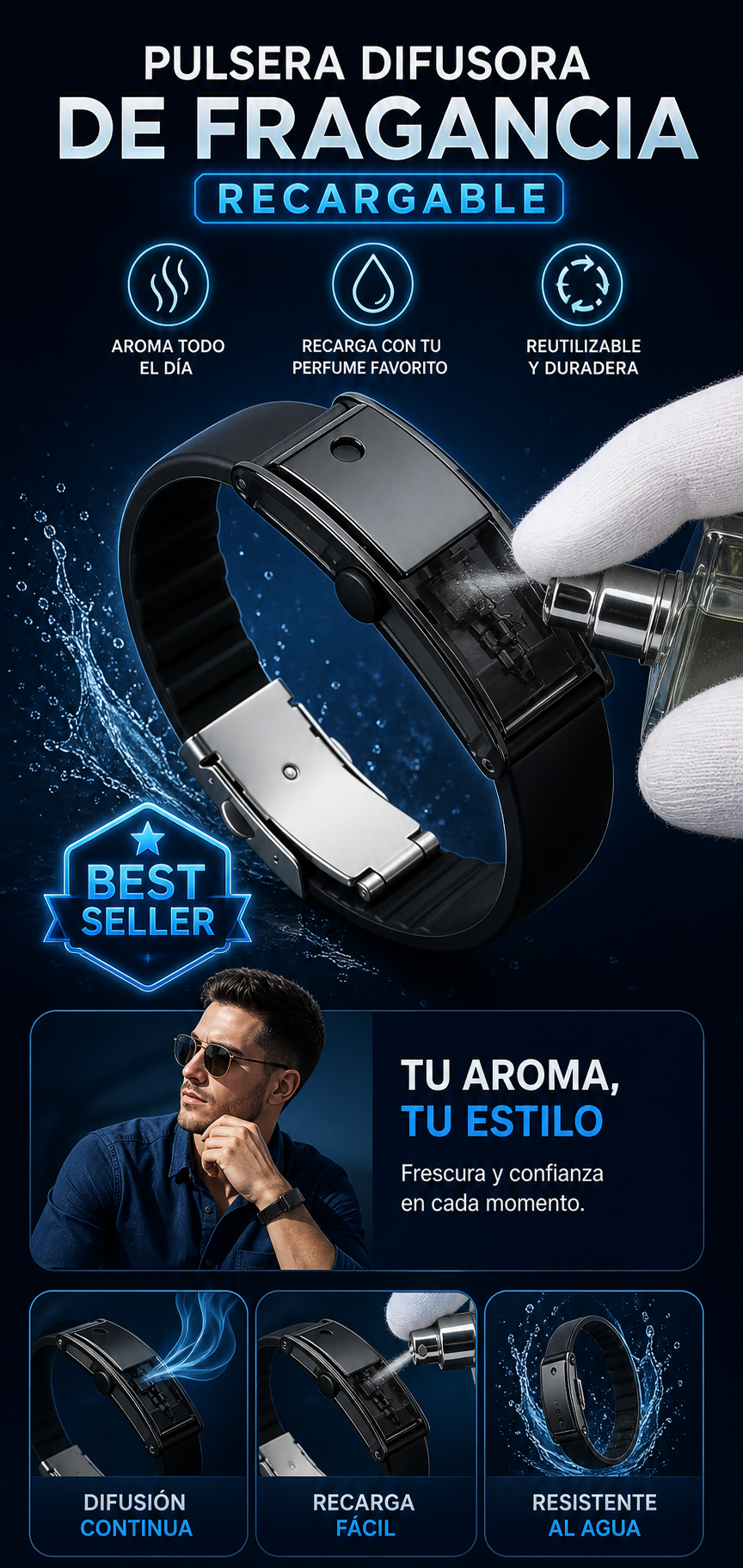 Pulsera difusora de fragancia y perfume recargable