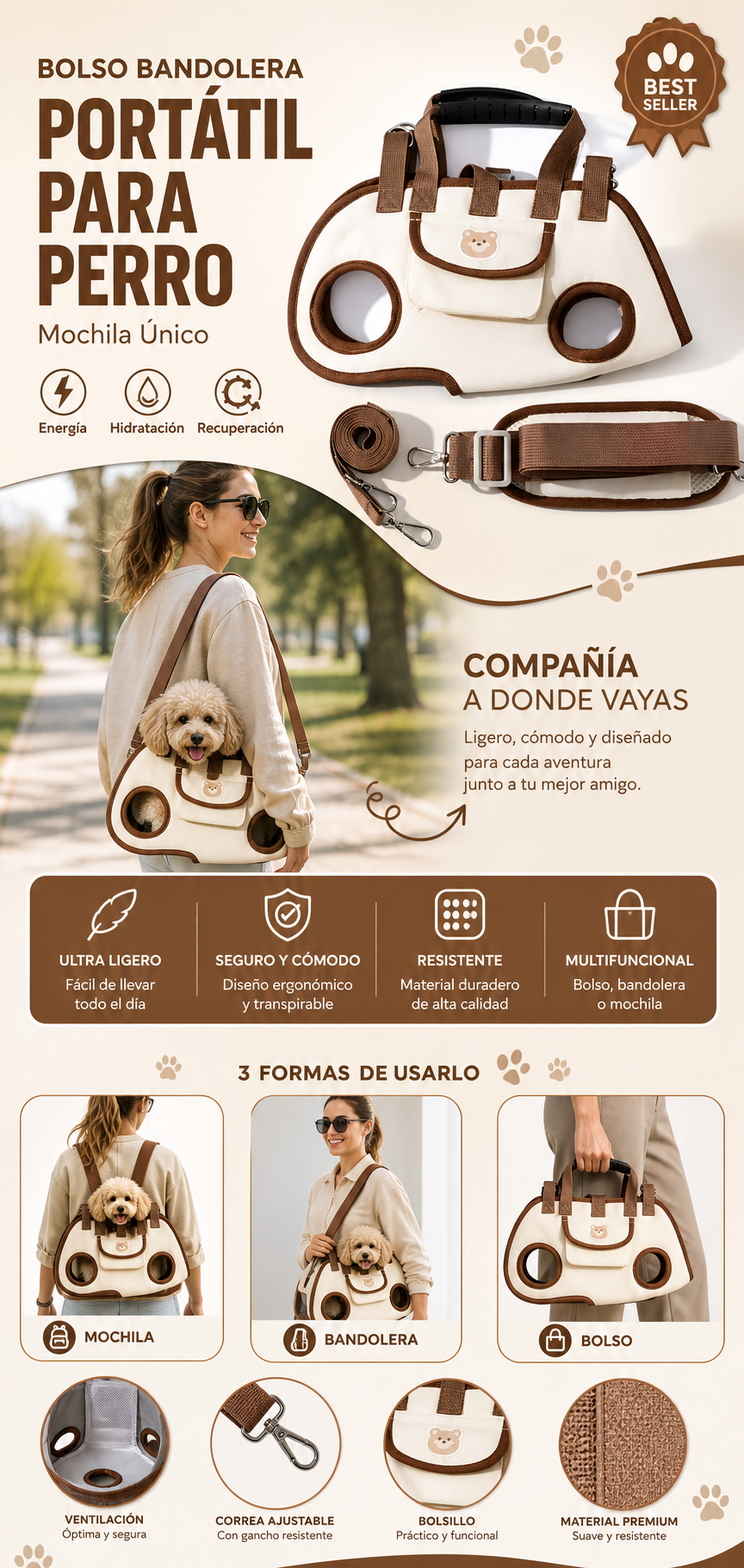 Bolso bandolera portátil perro mochila único