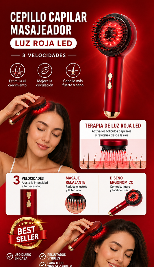 Cepillo Capilar Masajeador Luz Roja LED 3 Velocidades