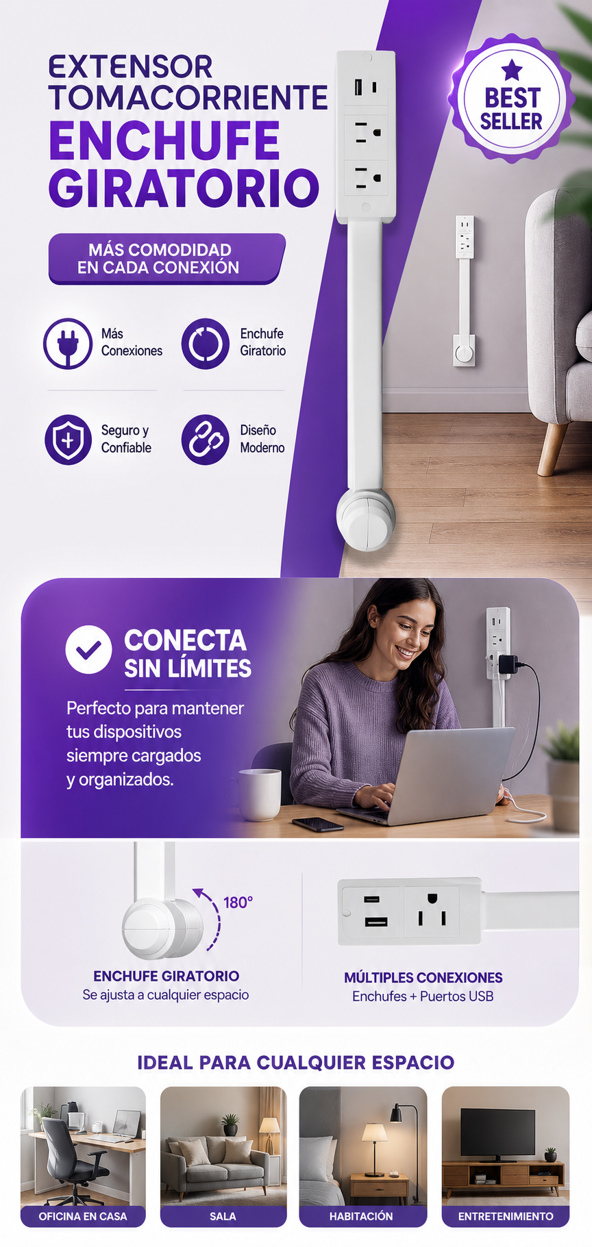 Extensor Tomacorriente Enchufe Giratorio Blanco