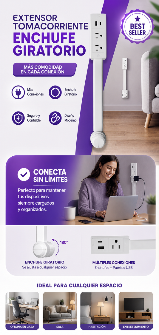 Extensor Tomacorriente Enchufe Giratorio Blanco