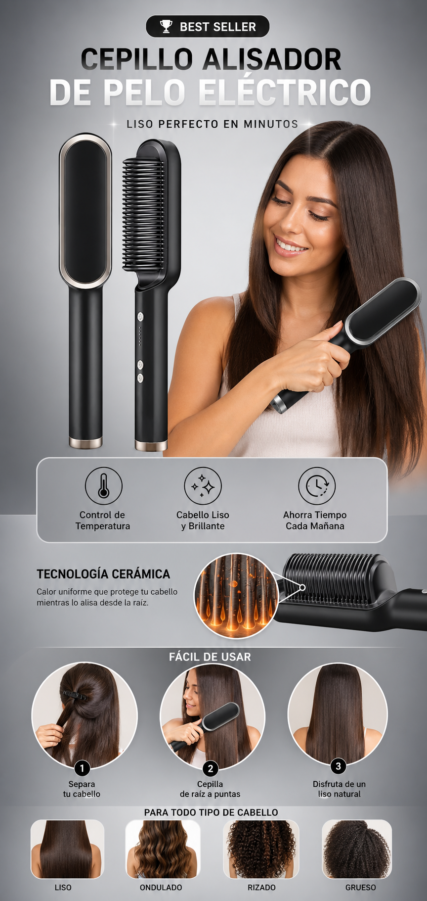 Cepillo Alisador de Pelo Eléctrico Portátil de Cerámica