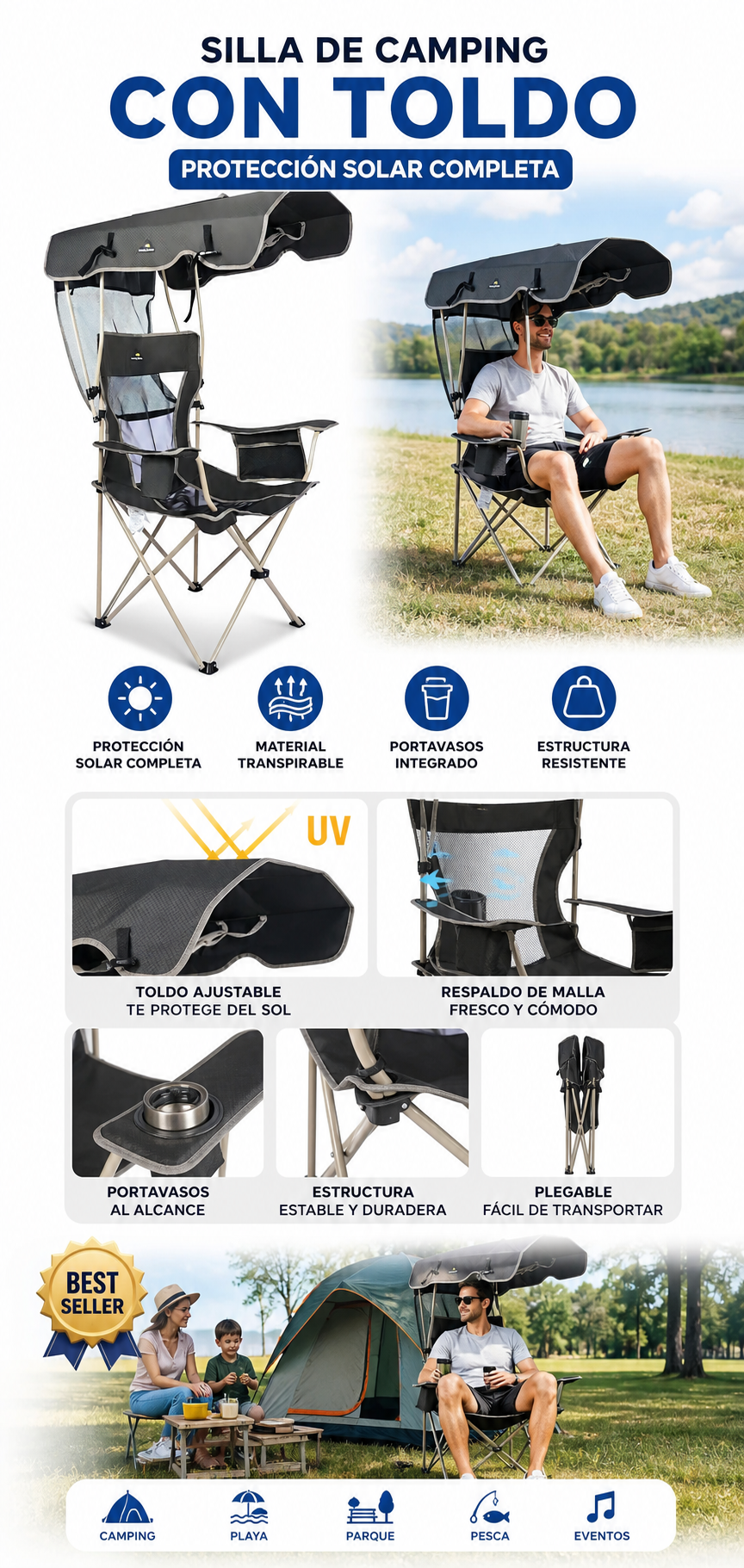 Silla De Camping Con Toldo protección Solar Completa